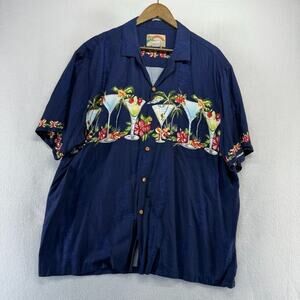 Vintage Paradise Found Hawaiian Shirt Mens XL Blue Rayon Made in Hawaii Cocktail